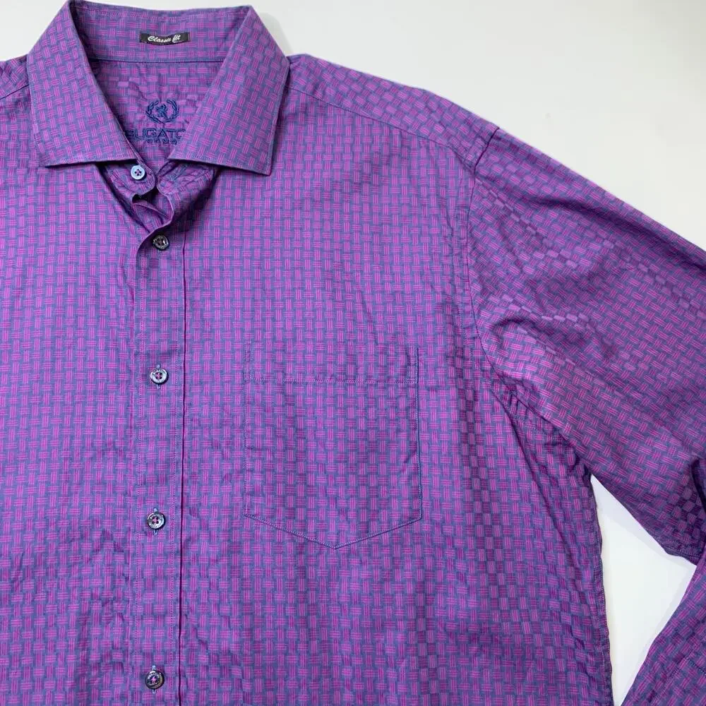 Bugatchi Uomo Shirt Mens L Large Classic Fit Geo Monogram Long Sleeve Button Up